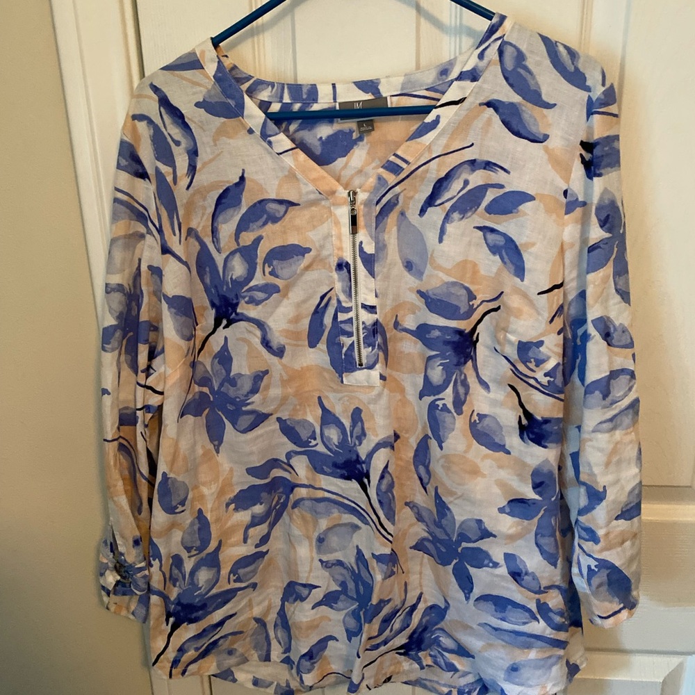 JM Collection Blue and Tan Floral Blouse